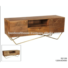 Industrial Brass Inlay in Mango Holz und Metall Beine mit Storage TV Stand